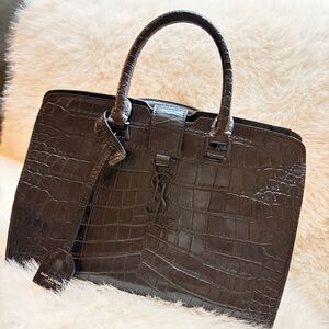 Authentic Saint Laurent Black Croc Embossed Leather Monogram Cabas Tote YSL